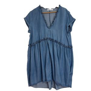 Zara Basic Women Chambray Denim A-Lined BabyDoll Mini Dress Sz L Western Cowgirl